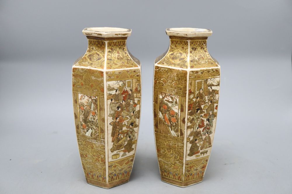 A pair of Japanese Satsuma hexagonal vases, height 24cm